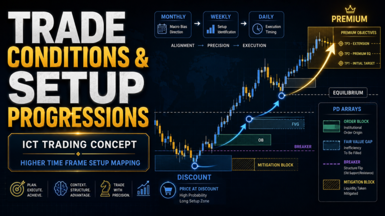 Trade Conditions & Setup Progressions in ICT Trading – From HTF Discount to Premium